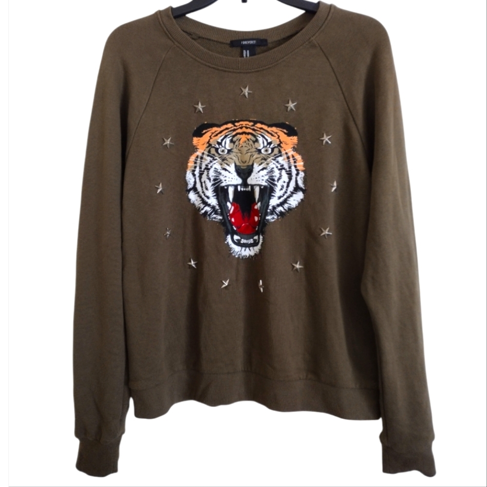 Forever 21 olive green tiger sweatshirt with star shaped hardware size medium